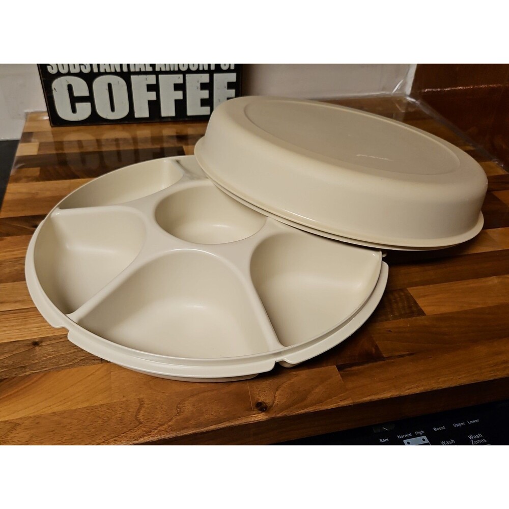 Tupperware Divided Serving Tray 1665-3 Almond With Lid & Dip Bowl 2 pc set